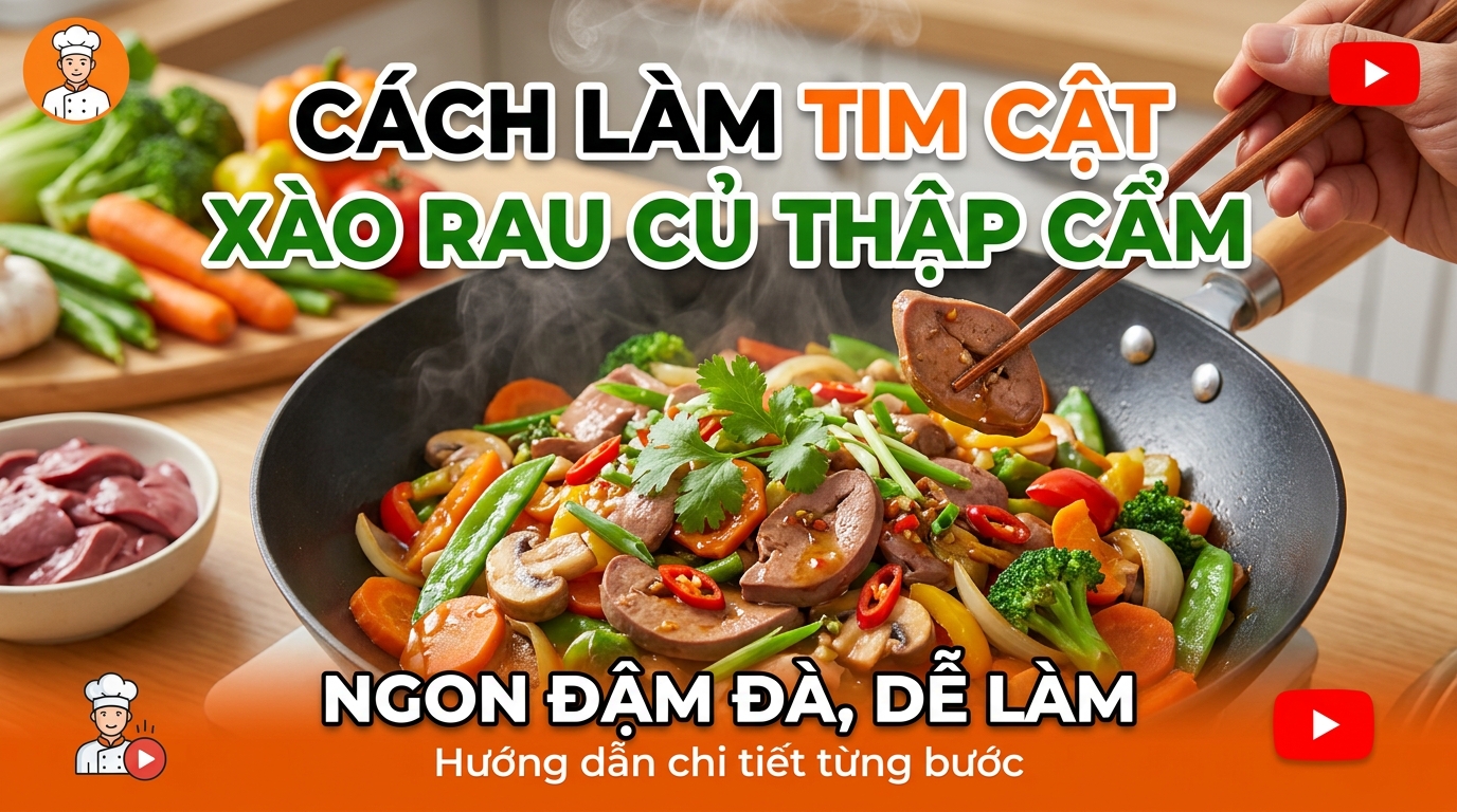 Đĩa tim cật xào thập cẩm với rau củ đầy màu sắc trên bàn ăn